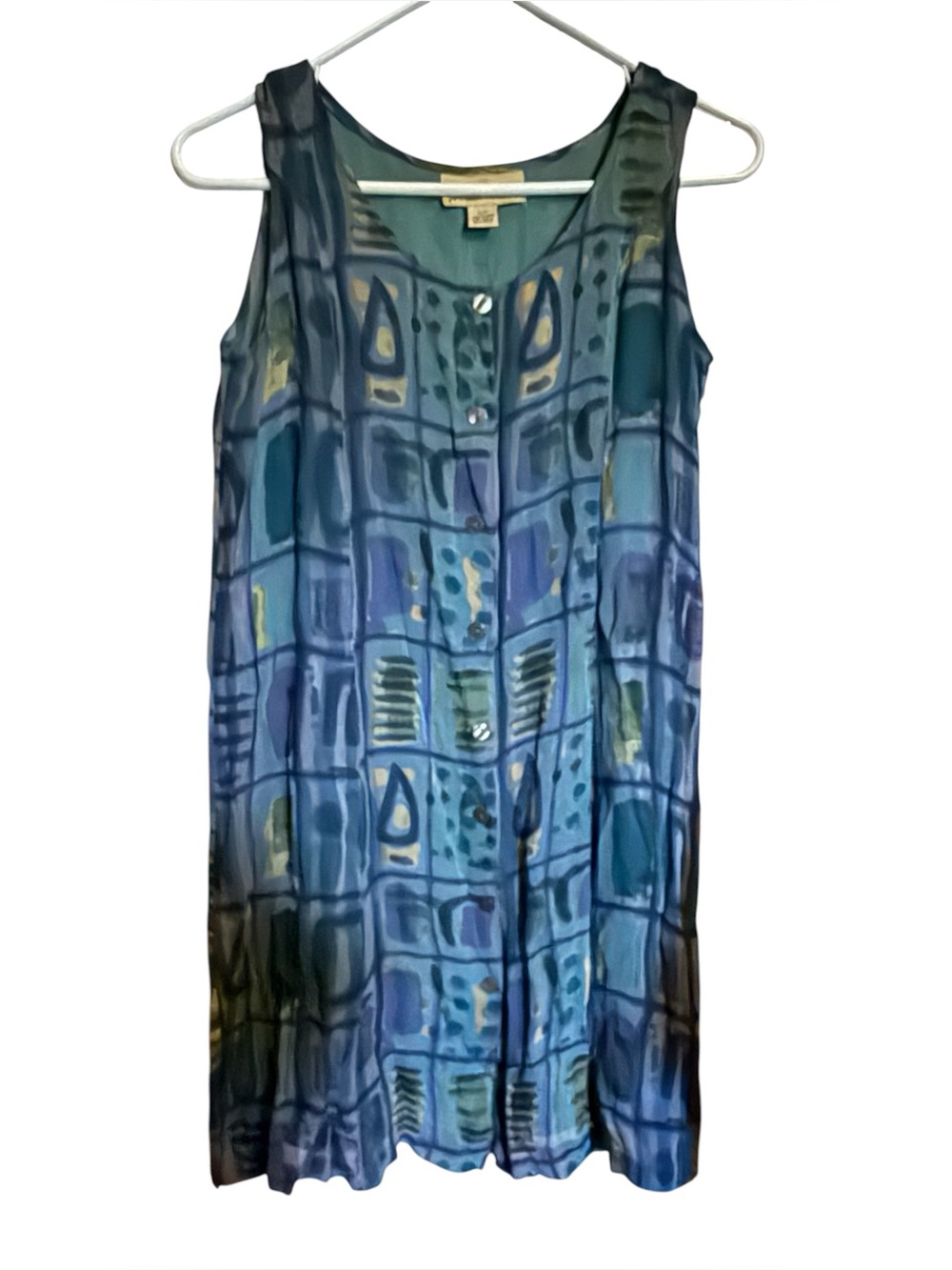 Blue Patterned Sleeveless Button-Front Dress